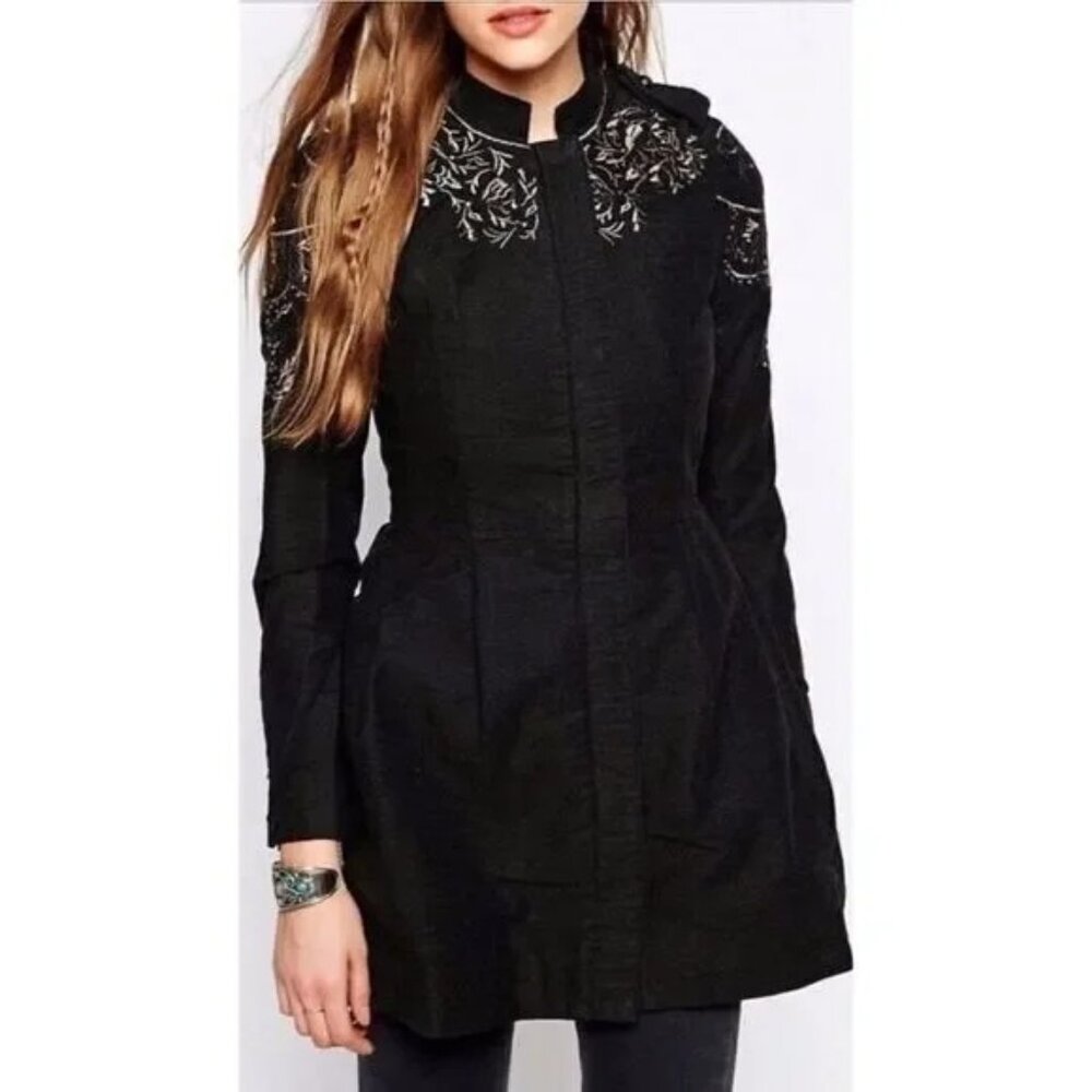 Free People Women's Sargent Coat 0 Gray Embroidered Military Katniss Silver